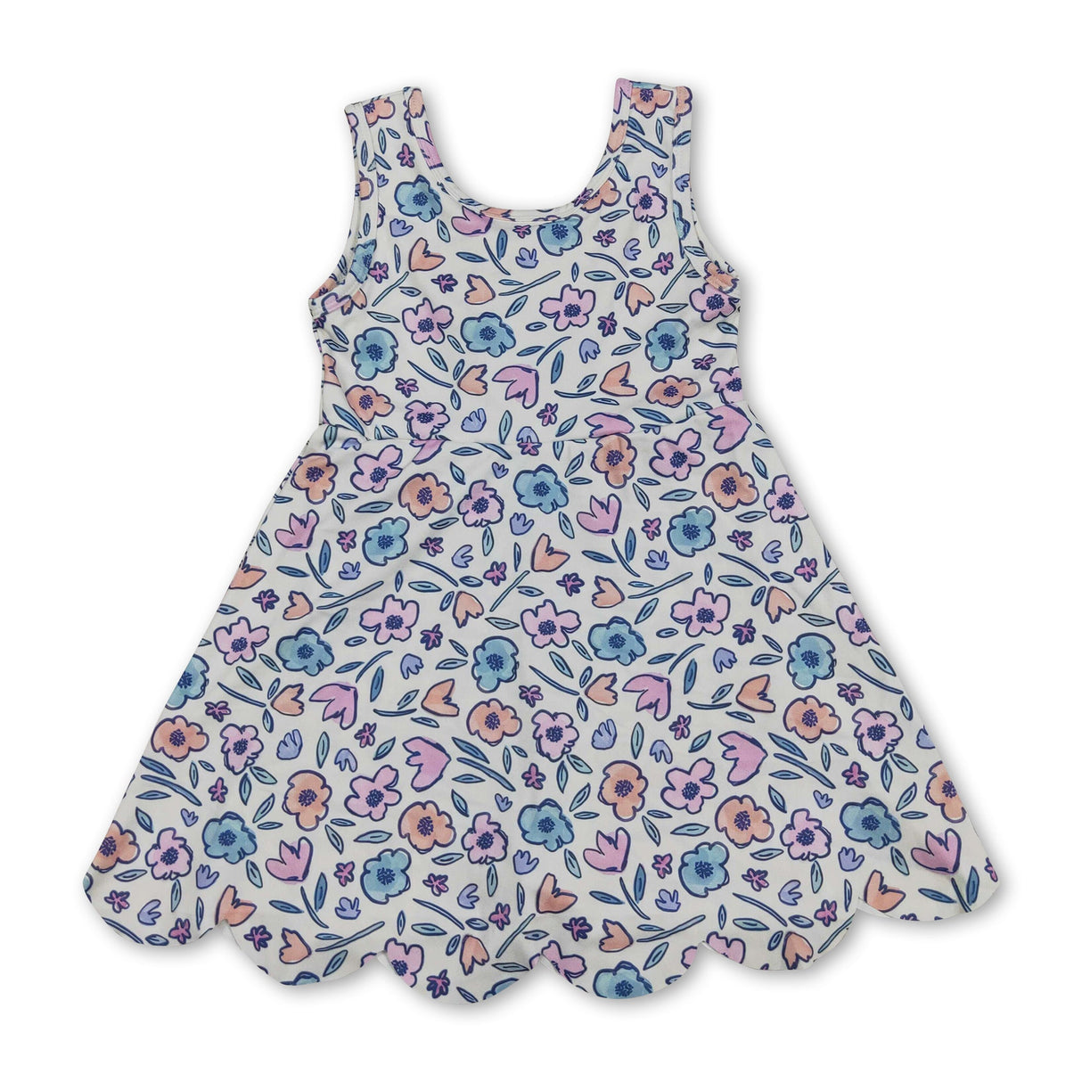 Sleeveless floral scallop kids girls summer athletic dress