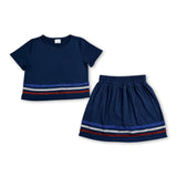 Navy short sleeves stripe cotton top skirt kids girls outfits