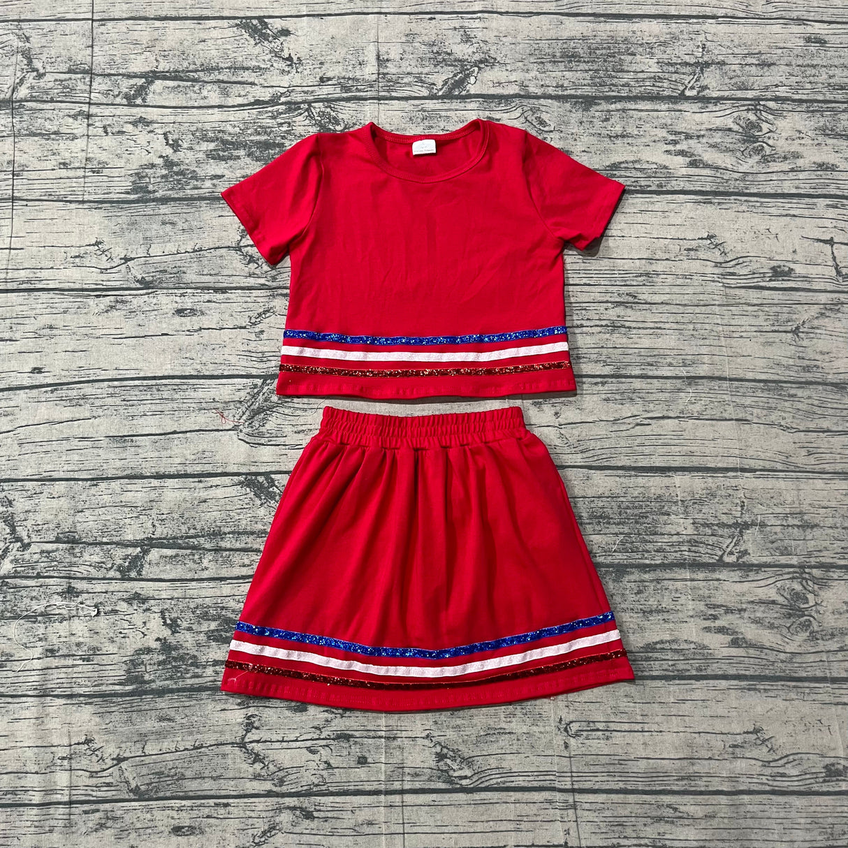 Red short sleeves stripe cotton top skirt kids girls outfits