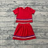 Red short sleeves stripe cotton top skirt kids girls outfits