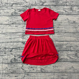 Red short sleeves stripe cotton top skirt kids girls outfits