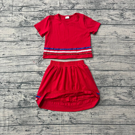 Red short sleeves stripe cotton top skirt kids girls outfits