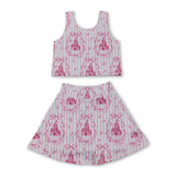 Pink stripe castle crop top bow skirt girls summer active set