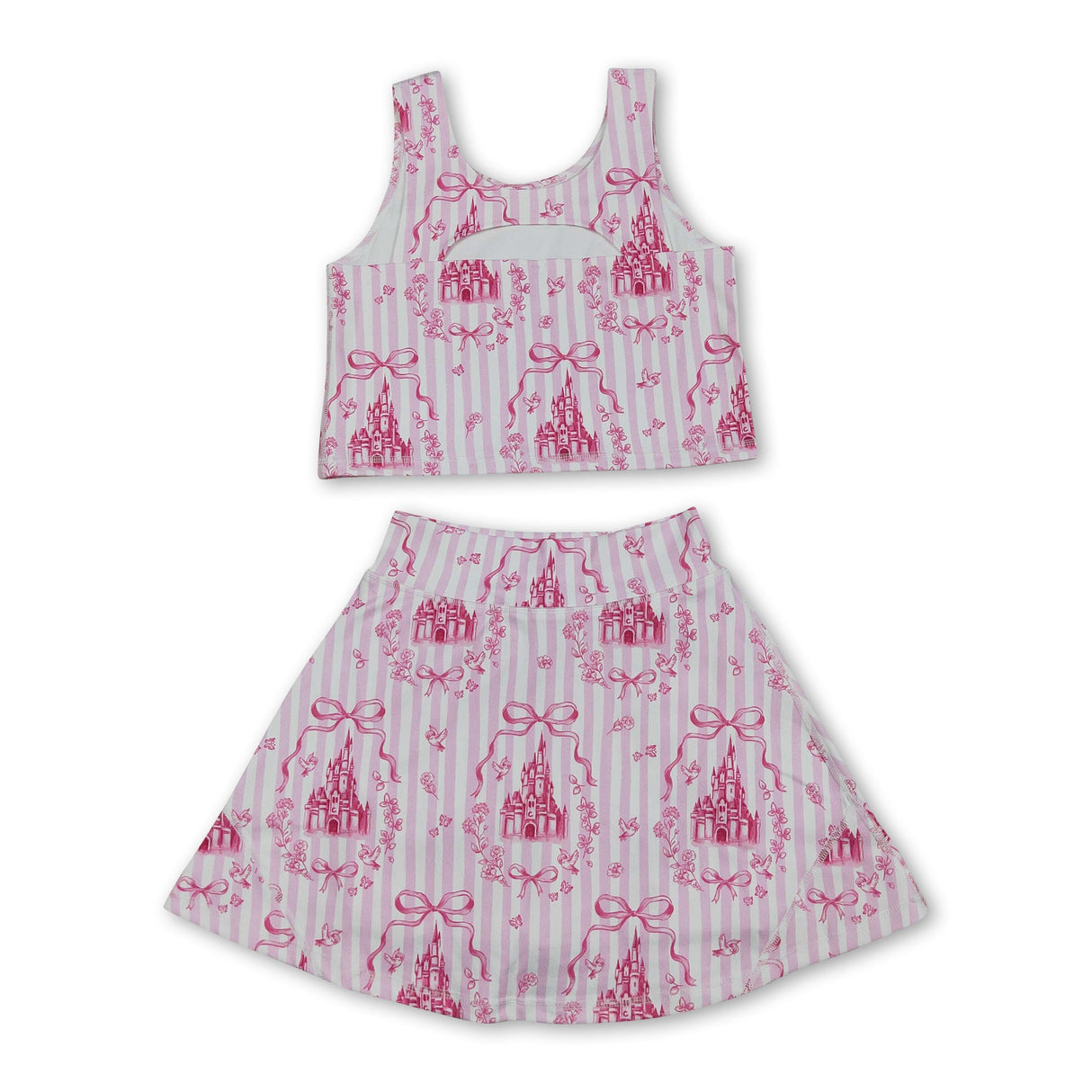 Pink stripe castle crop top bow skirt girls summer active set