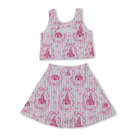 Pink stripe castle crop top bow skirt girls summer active set