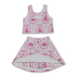Pink stripe castle crop top bow skirt girls summer active set