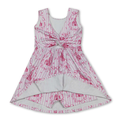 Pink sleeveless stripe bow castle girls athletic dresses
