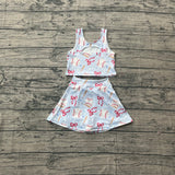 Sleeveless baseball bow kids girls summer activewear set