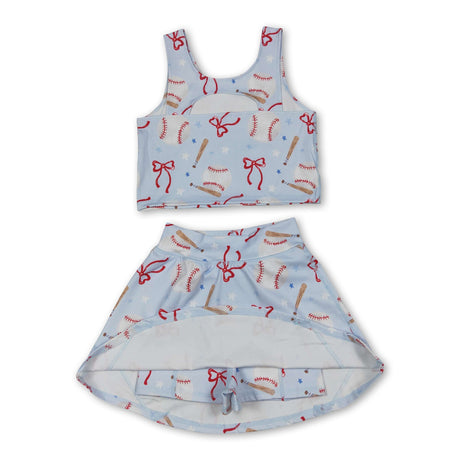 Sleeveless baseball bow kids girls summer activewear set