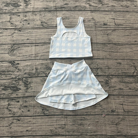 Sleeveless sky blue plaid crop top skirt kids girls active set