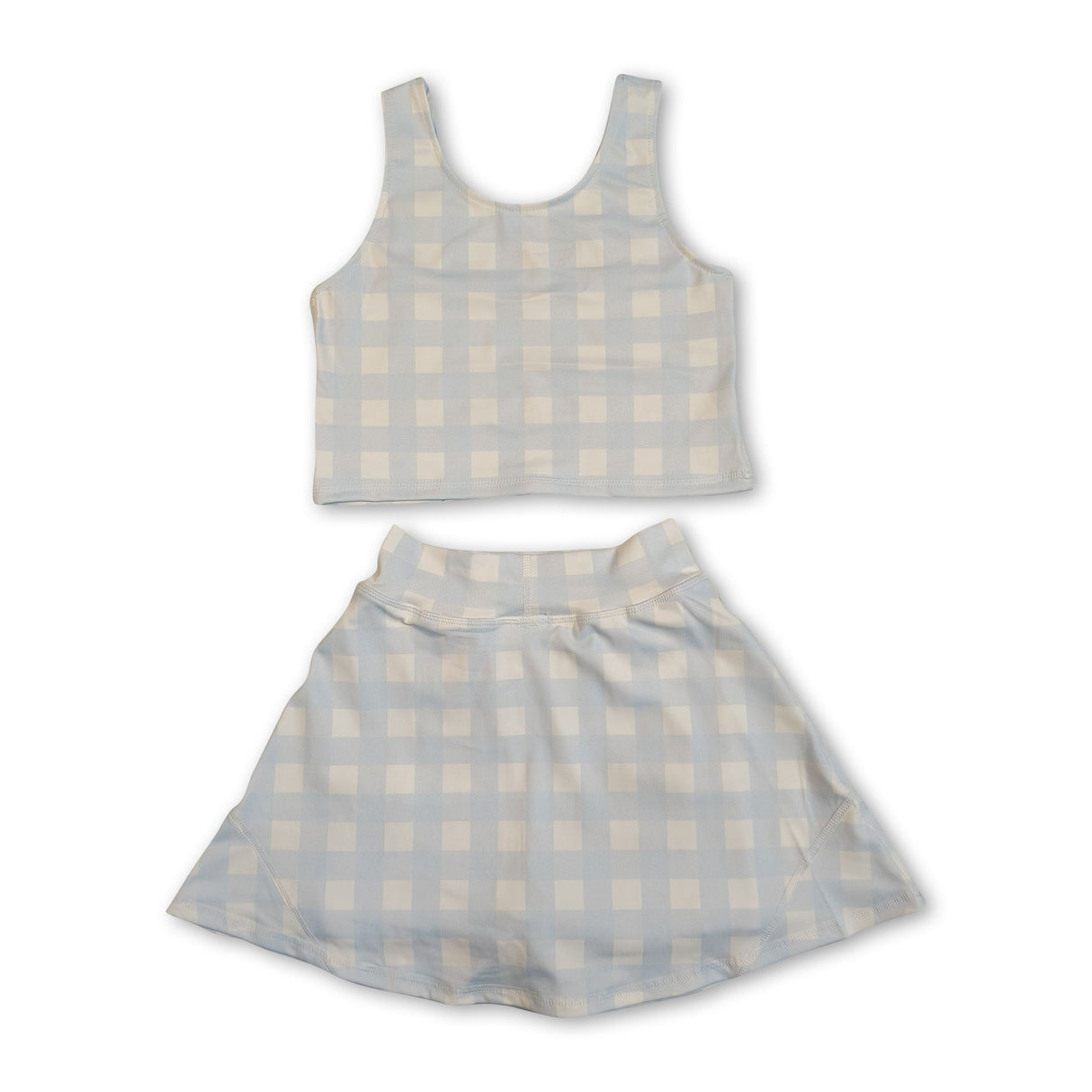 Sleeveless sky blue plaid crop top skirt kids girls active set
