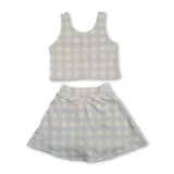 Sleeveless sky blue plaid crop top skirt kids girls active set