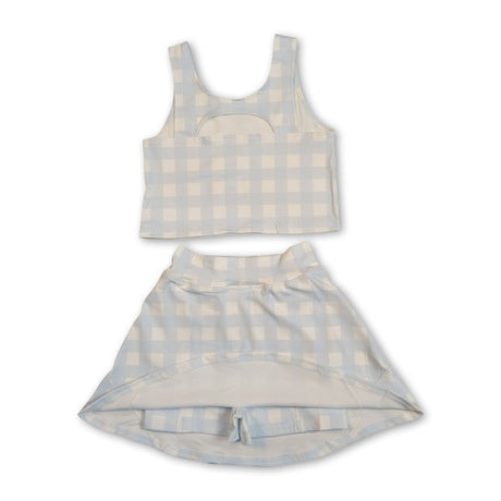Sleeveless sky blue plaid crop top skirt kids girls active set