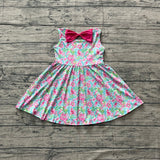 Sleeveless pink floral bow kids girls summer dress