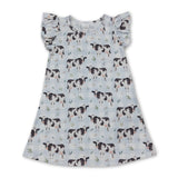Flutter sleeves light blue plaid cow baby girls farm dress