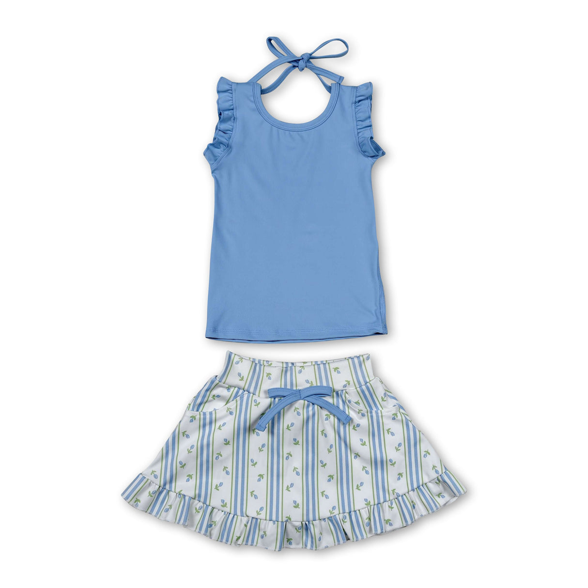 Sleeveless ruffle top floral stripe skirt girls active set