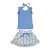 Sleeveless ruffle top floral stripe skirt girls active set