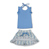 Sleeveless ruffle top floral stripe skirt girls active set