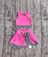 Sleeveless plaid scallop hot pink top skirt girls active wear set