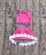 Sleeveless plaid scallop hot pink top skirt girls active wear set