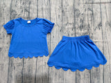 Blue short sleeves scallop top skirt girls summer set
