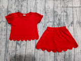 Red short sleeves scallop top skirt girls summer set