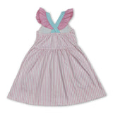 Flutter sleeves shell bow embroidery stripe girls dresses