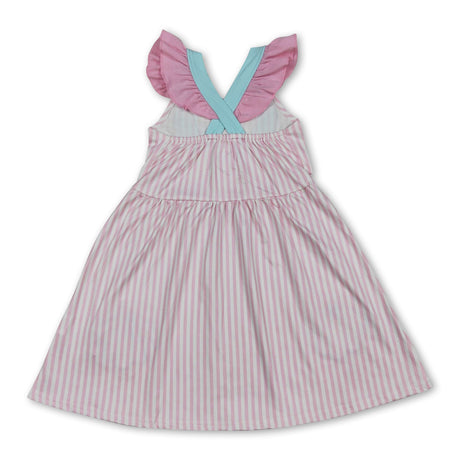 Flutter sleeves shell bow embroidery stripe girls dresses