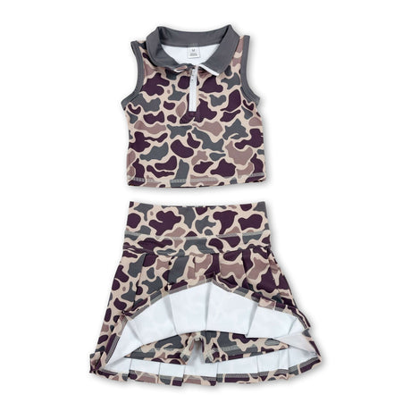 Sleeveless camo pullover pleated skirt girls active wear set