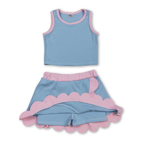 Sleeveless light blue pink scallop kids girls active wear set