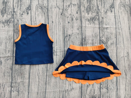 Sleeveless navy orange scallop girls team active wear set