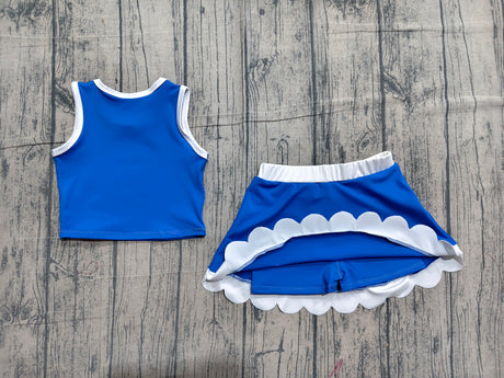 Sleeveless blue white scallop girls team active wear set