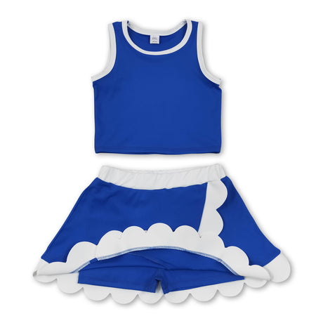 Sleeveless blue white scallop girls team active wear set