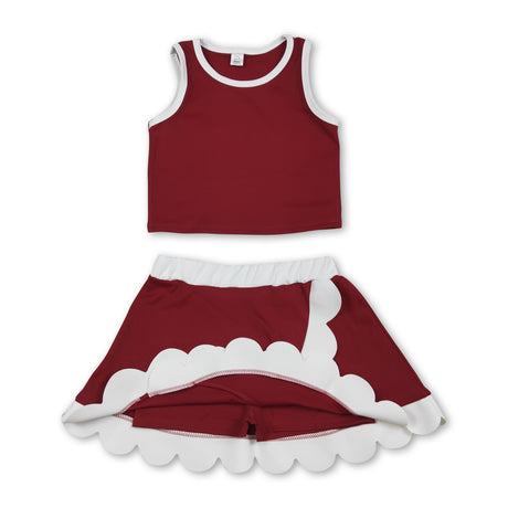 Sleeveless maroon white scallop girls team active wear set