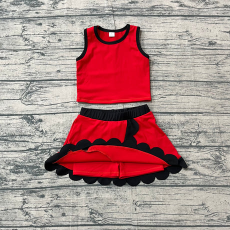 Sleeveless red black scallop girls team active wear set