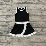Sleeveless black white scallop kids girls active wear set