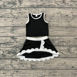 Sleeveless black white scallop kids girls active wear set