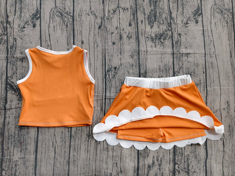 Sleeveless orange white scallop girls team active wear set
