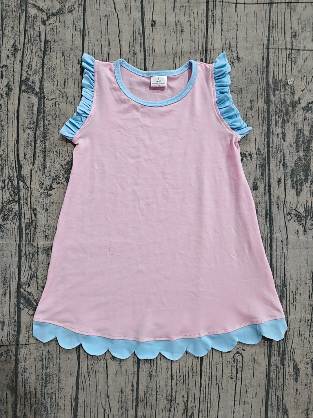 Light blue scallop ruffle sleeveless kids girls cotton dress