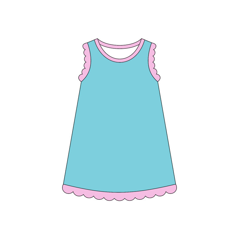 Pink scallop ruffle sleeveless aqua girls cotton dress