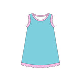 Pink scallop ruffle sleeveless aqua girls cotton dress