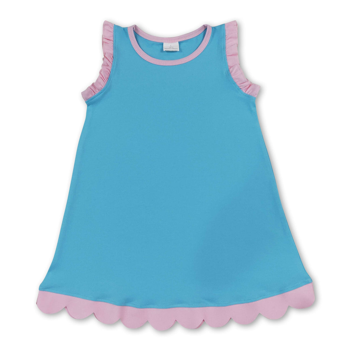 Pink scallop ruffle sleeveless aqua girls cotton dress