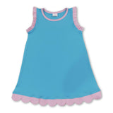 Pink scallop ruffle sleeveless aqua girls cotton dress