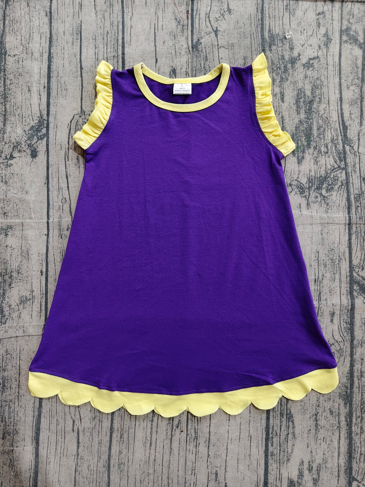 Yellow scallop ruffle sleeveless purple girls cotton team dress