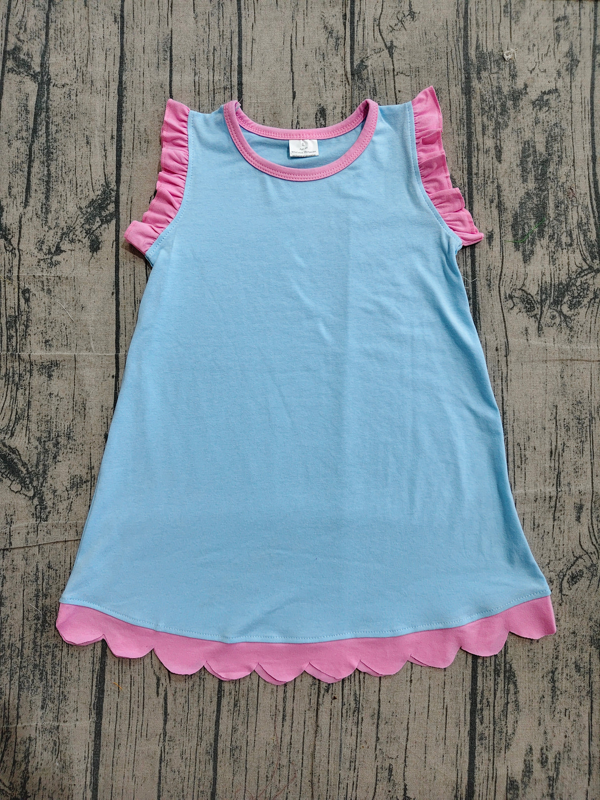 Pink scallop ruffle sleeveless light blue girls cotton dress