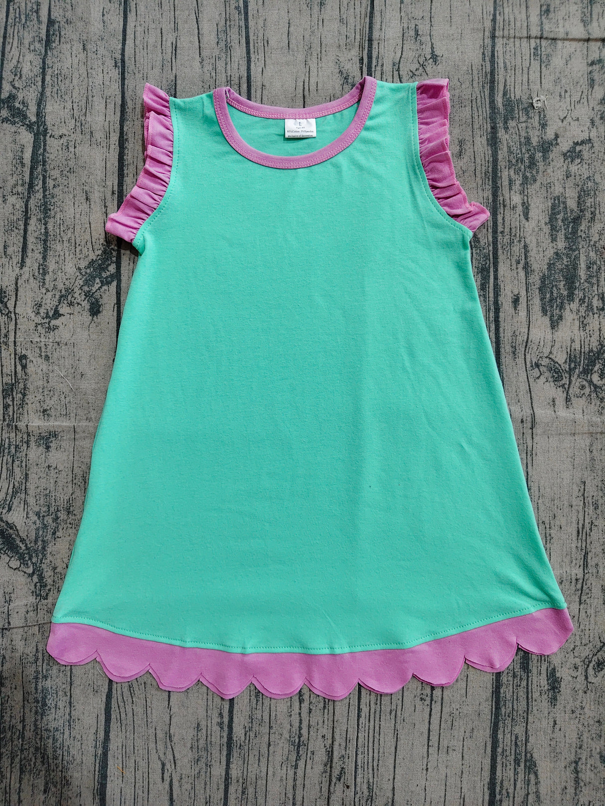 Pink scallop ruffle sleeveless mint girls cotton dress