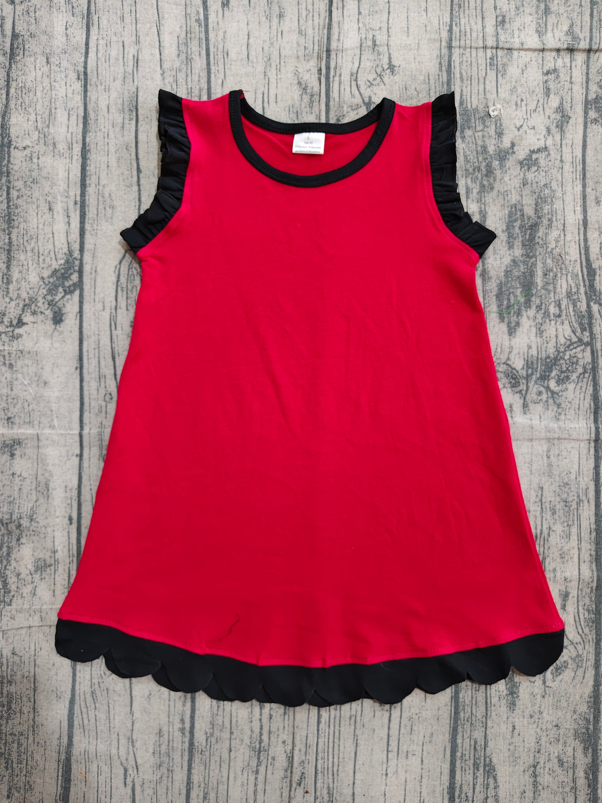 Black scallop ruffle sleeveless red girls cotton team dress