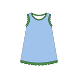 Green scallop ruffle sleeveless light blue girls cotton dress