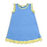 Yellow scallop ruffle sleeveless blue girls cotton dress