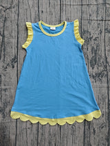 Yellow scallop ruffle sleeveless blue girls cotton dress